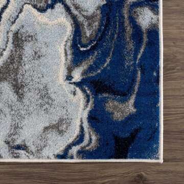 Hauteloom Glendon Abstract Coastal Living Room Bedroom Dining Room Area Rug - Marble Swirl Pattern Carpet - Modern Contemporary Bohemian - Ombre Blue, Royal Blue, Navy Blue, Grey, White - 5'3" x 7'3"
