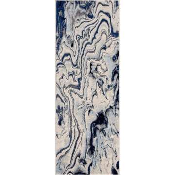 Hauteloom Glendon Abstract Coastal Living Room Bedroom Dining Room Area Rug - Marble Swirl Pattern Carpet - Modern Contemporary Bohemian - Ombre Blue, Royal Blue, Navy Blue, Grey, White - 5'3" x 7'3"