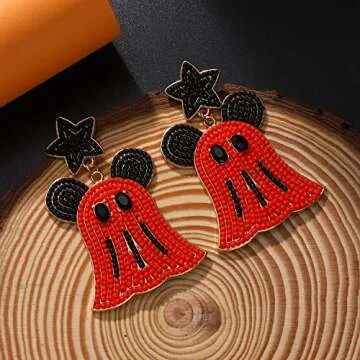 Halloween Earrings Cute Ghost Drop Dangle Earrings Black Orange Star Bow Mouse Seed Beaded Festive Dangling Earrings Fun Halloween Holiday Party Decor