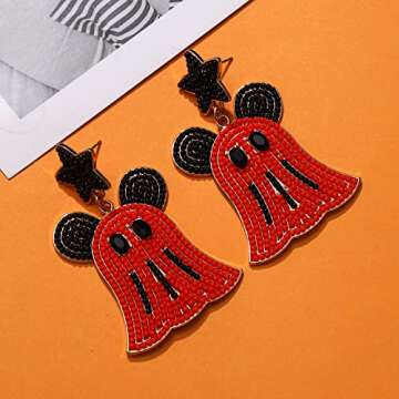 Halloween Earrings Cute Ghost Drop Dangle Earrings Black Orange Star Bow Mouse Seed Beaded Festive Dangling Earrings Fun Halloween Holiday Party Decor