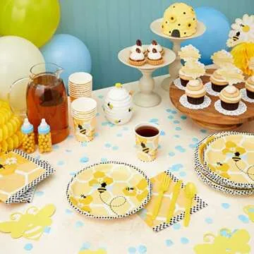 144 Piece Bumble Bee Party Supplies - Serves 24 Party Plates, Napkins, Cups, and Cutlery for What Will It Bee Gender Reveal Decorations, Valentine's Day