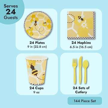 144 Piece Bumble Bee Party Supplies - Serves 24 Party Plates, Napkins, Cups, and Cutlery for What Will It Bee Gender Reveal Decorations, Valentine's Day