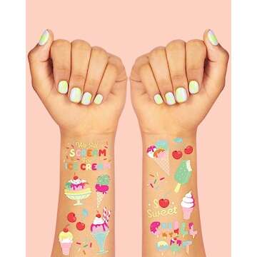 xo, Fetti Ice Cream Birthday Party Temporary Tattoos for Kids - 56 Glitter Styles | Dessert, Sweet Baby Shower Party Supplies, Arts and Crafts