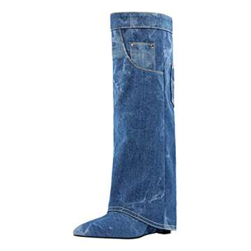 PINOKISS Women's Wedge Boots Knee High Fold Down Denim Boot Pointed Closed Toe Pull On High Heels Jean Boots Covered Wedge Heel Under the Knee Shaft Slip On Comfy Fashion Shoes Blue Size 8