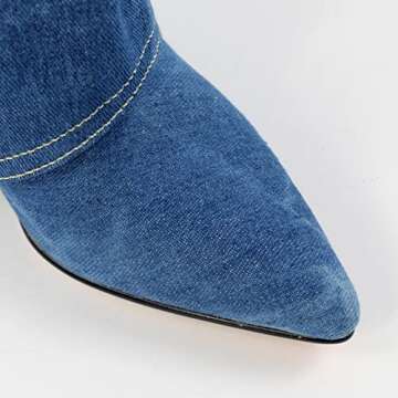 PINOKISS Women's Wedge Boots Knee High Fold Down Denim Boot Pointed Closed Toe Pull On High Heels Jean Boots Covered Wedge Heel Under the Knee Shaft Slip On Comfy Fashion Shoes Blue Size 8