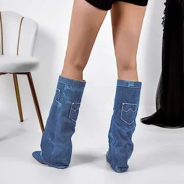 PINOKISS Women's Wedge Boots Knee High Fold Down Denim Boot Pointed Closed Toe Pull On High Heels Jean Boots Covered Wedge Heel Under the Knee Shaft Slip On Comfy Fashion Shoes Blue Size 8
