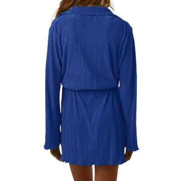 LYANER Women's Collar V Neck Button Down Pleated Long Sleeve Mini Shirt Dress with Belt Blue Small