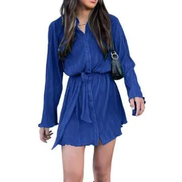 LYANER Women's Collar V Neck Button Down Pleated Long Sleeve Mini Shirt Dress with Belt Blue Small