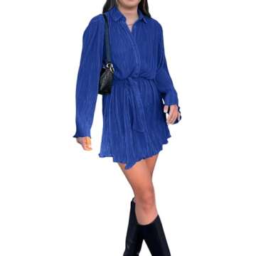 LYANER Women's Collar V Neck Button Down Pleated Long Sleeve Mini Shirt Dress with Belt Blue Small
