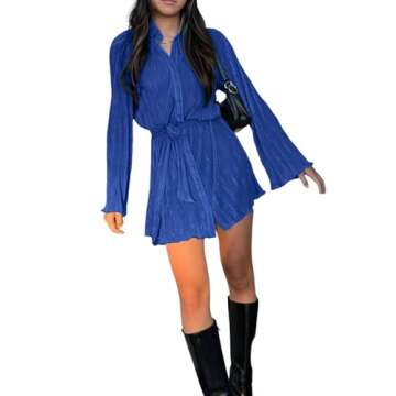 LYANER Women's Collar V Neck Button Down Pleated Long Sleeve Mini Shirt Dress with Belt Blue Small