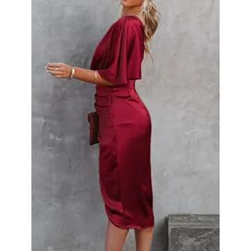 CUPSHE Women Satin Dress Backless One Shoulder Short Sleeves Midi High Low Hem Zipper Cocktail Party Dress Red, L