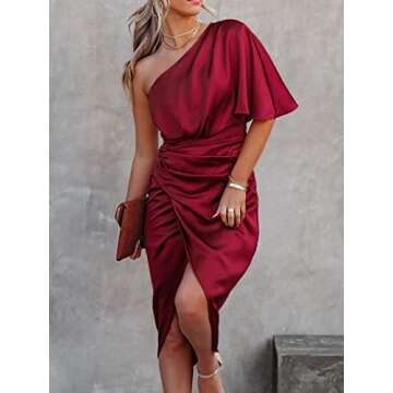 CUPSHE Women Satin Dress Backless One Shoulder Short Sleeves Midi High Low Hem Zipper Cocktail Party Dress Red, L