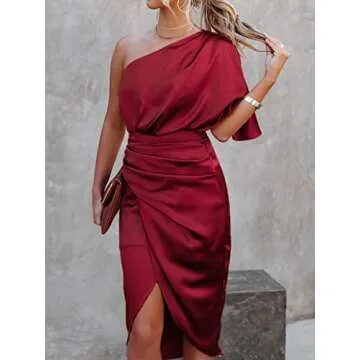 CUPSHE Women Satin Dress Backless One Shoulder Short Sleeves Midi High Low Hem Zipper Cocktail Party Dress Red, L