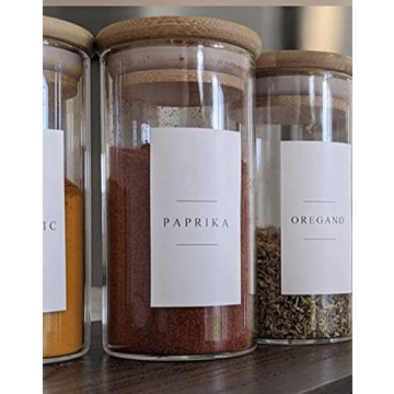 12 Piece- 5oz Eco-friendly Bamboo Lid Glass Spice Jar Set with 84-Minimalist Pre-Printed Waterproof ...