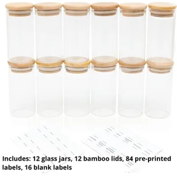 12 Eco-Friendly Bamboo Lid Spice Jar Set