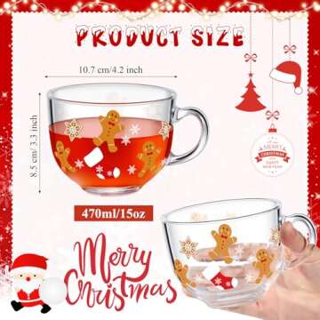 Sliner 6 Pcs Christmas Glass Coffee Mugs with Handle, 16 oz Clear Irish Coffee Mugs Footed Irish Coffee Glasses Christmas Glasses Winter Holiday Mugs for Beverages Latte Hot Chocolate(Gingerbread)