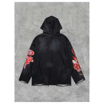 GORGLITTER Men's Graphic Hoodies Y2K Ripped Long Sleeve Hooded Sweatshirt Black Large