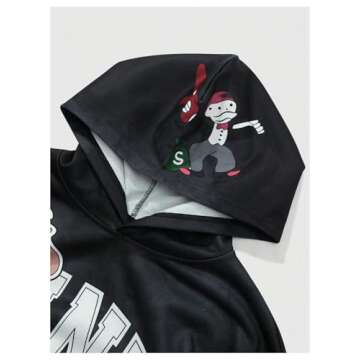 GORGLITTER Men's Graphic Hoodies Y2K Ripped Long Sleeve Hooded Sweatshirt Black Large