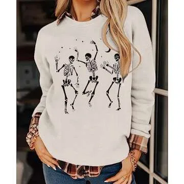 GLIGLITTR Women's Halloween Dancing Skeleton Sweatshirts Spooky Season Horror Skull Printed Pullover Shirt Oversized Tee Top