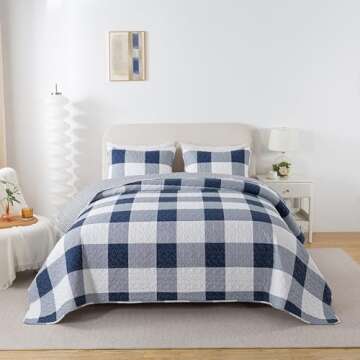 Soul & Lane Checks and Stripes Quilts Set - Twin Size with 1 Sham, Blue and White Buffalo Plaid Quil...