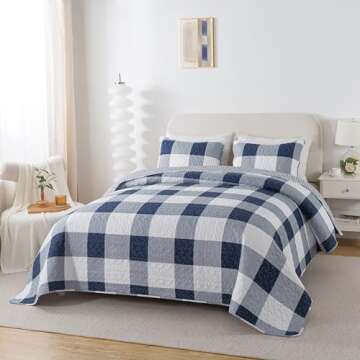Soul & Lane Checks and Stripes Quilts Set - Twin Size with 1 Sham, Blue and White Buffalo Plaid Quilted Bedspread, Lightweight Navy Checkered Gingham Bedding, Cozy Lodge-Style Check Design