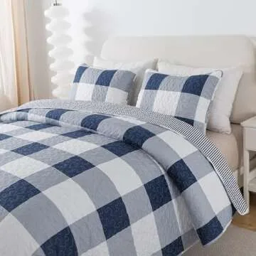 Soul & Lane Checks and Stripes Quilts Set - Twin Size with 1 Sham, Blue and White Buffalo Plaid Quilted Bedspread, Lightweight Navy Checkered Gingham Bedding, Cozy Lodge-Style Check Design