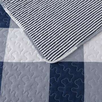 Soul & Lane Checks and Stripes Quilts Set - Twin Size with 1 Sham, Blue and White Buffalo Plaid Quilted Bedspread, Lightweight Navy Checkered Gingham Bedding, Cozy Lodge-Style Check Design