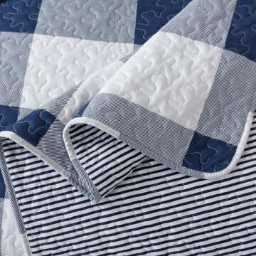 Soul & Lane Checks and Stripes Quilts Set - Twin Size with 1 Sham, Blue and White Buffalo Plaid Quilted Bedspread, Lightweight Navy Checkered Gingham Bedding, Cozy Lodge-Style Check Design