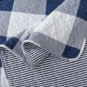 Soul & Lane Checks and Stripes Quilts Set - Twin Size with 1 Sham, Blue and White Buffalo Plaid Quilted Bedspread, Lightweight Navy Checkered Gingham Bedding, Cozy Lodge-Style Check Design