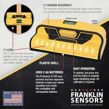 Franklin Sensors ProSensor X1100 Stud Finder with 11-Sensors, Wood & Metal Stud Detector/Wall Scanner, Built-in Bubble Level