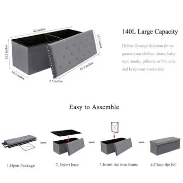 B FSOBEIIALEO Storage Ottoman Bench, Folding Tufted Ottomans with Storage, Extra Large 140L Toy Chest Storage Boxes Footrest Bench for Bedroom, Luxury Velvet Fabric 43 Inches Grey