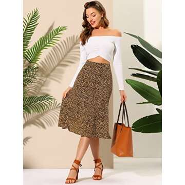 Allegra K Women's Floral Midi Skirt Peasant Elastic Waist A-Line Ditsy Leave Print Skirts Medium Bla...