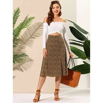 Allegra K Women's Floral Midi Skirt Peasant Elastic Waist A-Line Ditsy Leave Print Skirts Medium Black Yellow
