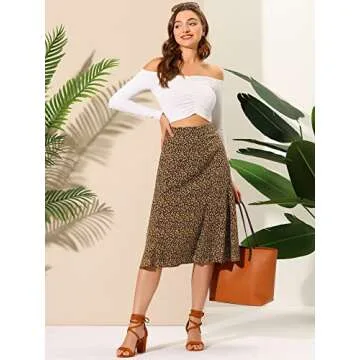 Allegra K Women's Floral Midi Skirt Peasant Elastic Waist A-Line Ditsy Leave Print Skirts Medium Black Yellow