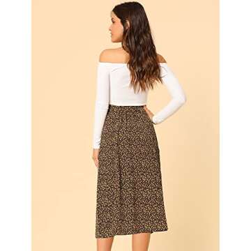 Allegra K Women's Floral Midi Skirt Peasant Elastic Waist A-Line Ditsy Leave Print Skirts Medium Black Yellow