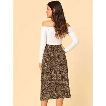 Allegra K Women's Floral Midi Skirt Peasant Elastic Waist A-Line Ditsy Leave Print Skirts Medium Black Yellow