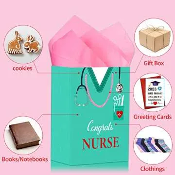 BIZIBAFF Congrats Nurses Gift Bag - 13" with Tissue Paper & Handles for Grad Party Favors