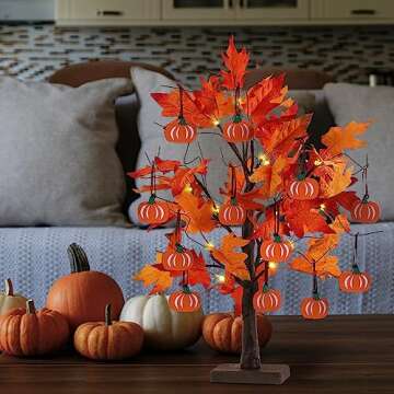 hogardeck Fall Decorations for Home, 24”2FT Lighted Maple Leaves Tree Fall Decor with 24LT Warm White LEDs, 12 Wood Pumpkin Ornaments Battery Powered Timer Artificial Trees for Autumn, Thanksgiving