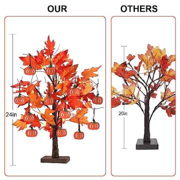 hogardeck Fall Decorations for Home, 24”2FT Lighted Maple Leaves Tree Fall Decor with 24LT Warm White LEDs, 12 Wood Pumpkin Ornaments Battery Powered Timer Artificial Trees for Autumn, Thanksgiving