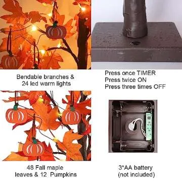 hogardeck Fall Decorations for Home, 24”2FT Lighted Maple Leaves Tree Fall Decor with 24LT Warm White LEDs, 12 Wood Pumpkin Ornaments Battery Powered Timer Artificial Trees for Autumn, Thanksgiving