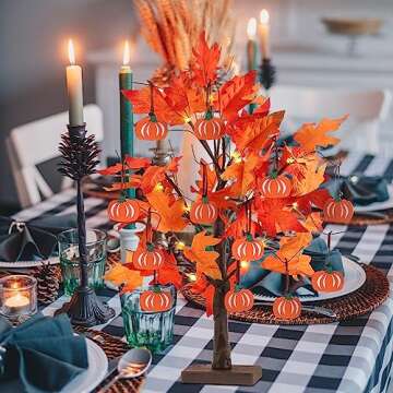 hogardeck Fall Decorations for Home, 24”2FT Lighted Maple Leaves Tree Fall Decor with 24LT Warm White LEDs, 12 Wood Pumpkin Ornaments Battery Powered Timer Artificial Trees for Autumn, Thanksgiving