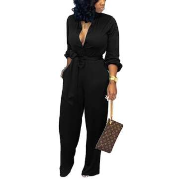 Elegant Black Jumpsuit for Women | Dressy Long Sleeve with Pockets
