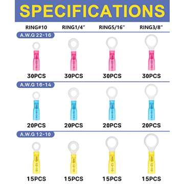 haisstronica 260PCS Marine Grade Heat Shrink Ring Connectors-Heat Shrink Wire Connectors Tinned Red Copper #10,1/4",5/16",3/8"(3Colors/4Sizes),16-14 22-16 12-10 Gauge Insulated Ring Crimp Terminals