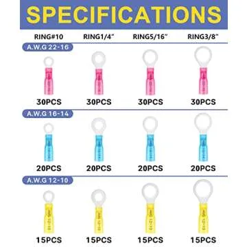haisstronica 260PCS Marine Grade Heat Shrink Ring Connectors-Heat Shrink Wire Connectors Tinned Red Copper #10,1/4",5/16",3/8"(3Colors/4Sizes),16-14 22-16 12-10 Gauge Insulated Ring Crimp Terminals