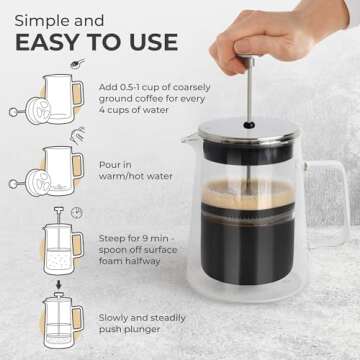 Kaffe Glass French Press Coffee Maker (27oz / 0.8L) - Double-Wall Insulated Borosilicate Glass - Tra...