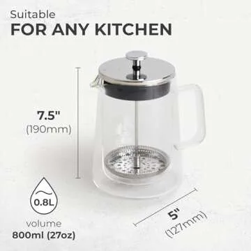 Kaffe Glass French Press Coffee Maker (27oz / 0.8L) - Double-Wall Insulated Borosilicate Glass - Travel & Camping Coffee Maker - Homemade French Press Coffee - Tea & Coffee Press - Coffee Gift