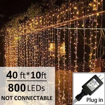 Solhice LED Curtain Lights Outdoor 40ft x10ft, 800 LED Plug in Hanging String Lights Indoor, Christm...