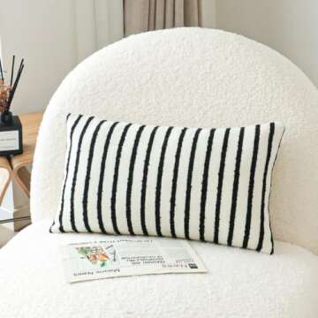 Jonhier White Striped Lumbar Boho Throw Pillow Cover in Boucle, 12x20"