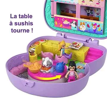 Polly Pocket Compact Playset, Sushi Shop Cat with 2 Micro Dolls & Accessories, Travel Toys with Surprise Reveals