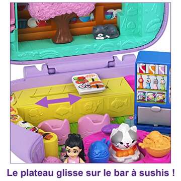 Polly Pocket Compact Playset, Sushi Shop Cat with 2 Micro Dolls & Accessories, Travel Toys with Surprise Reveals